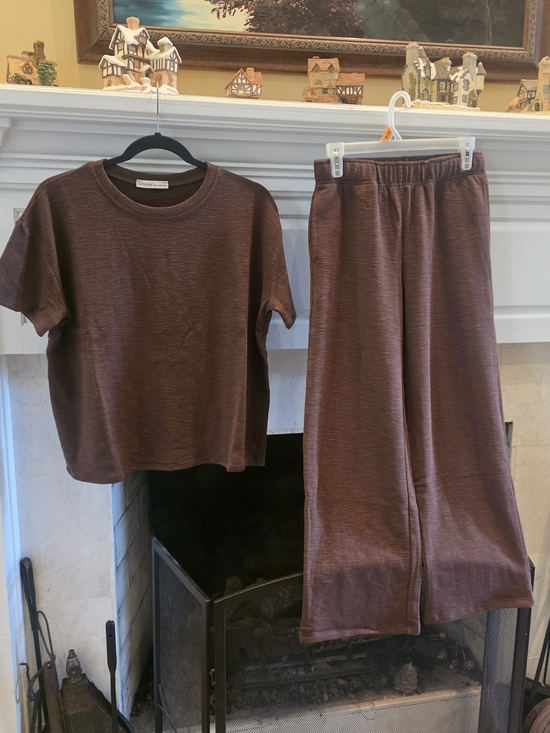Zenana Outfitters Pants - Zenana Outfitters Chocolate Brown Two-Piece Wide-Leg Slub Set